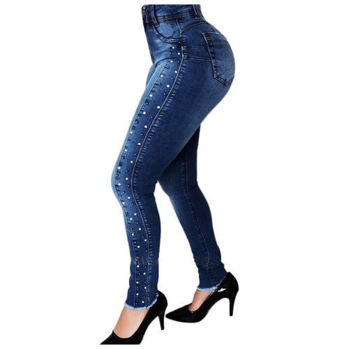 2021 New Women Dark Blue High Waist Beaded Jeans High Stretch Denim