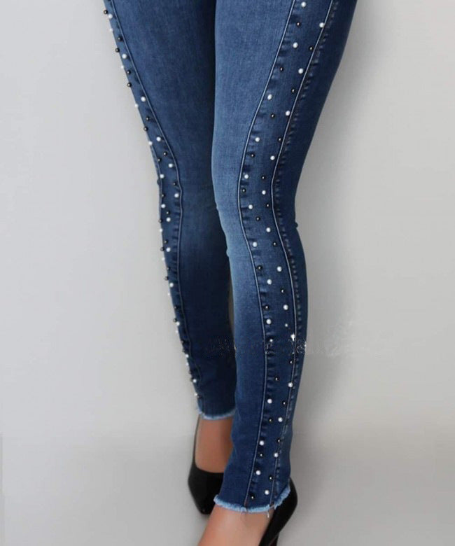 2021 New Women Dark Blue High Waist Beaded Jeans High Stretch Denim