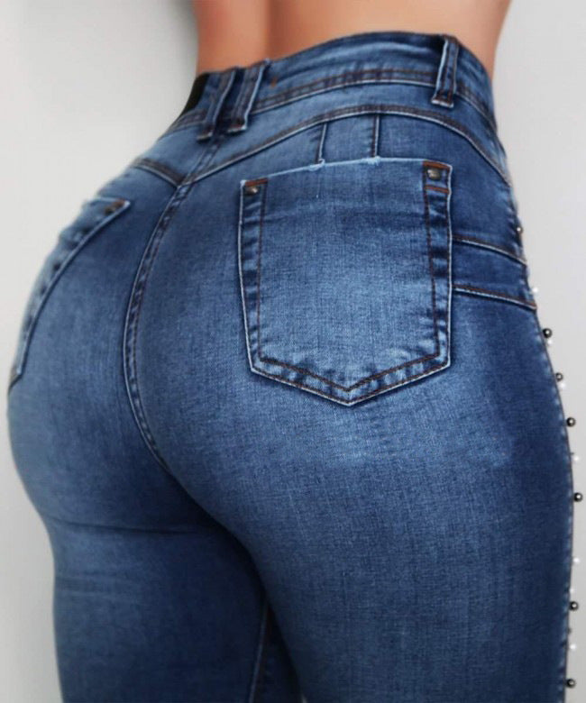 2021 New Women Dark Blue High Waist Beaded Jeans High Stretch Denim