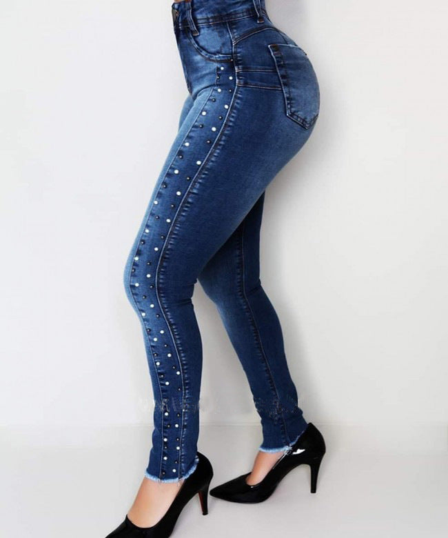 2021 New Women Dark Blue High Waist Beaded Jeans High Stretch Denim