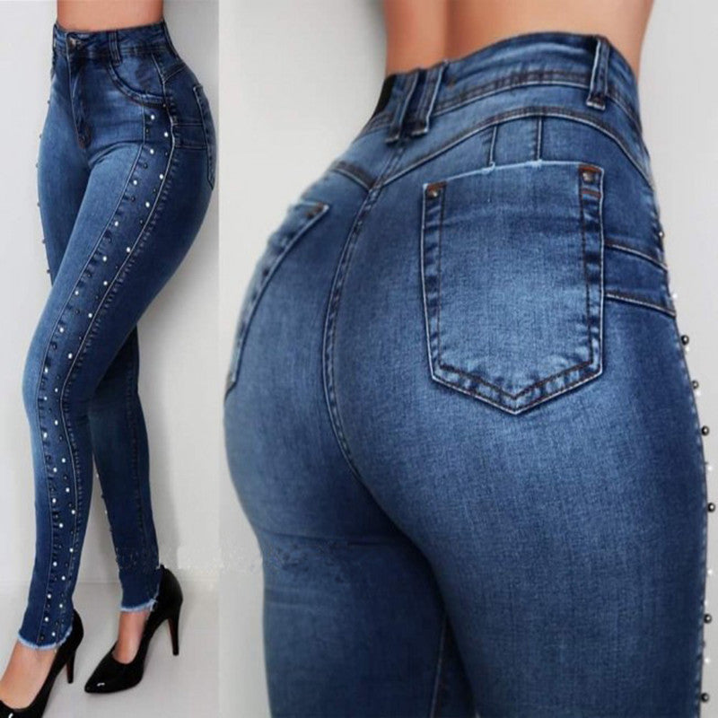 2021 New Women Dark Blue High Waist Beaded Jeans High Stretch Denim