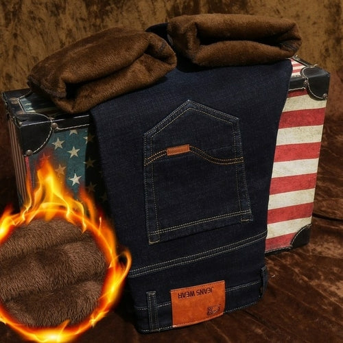 2022 Winter Men Black Slim Fit Stretch Thick Velvet Pants Warm Jeans