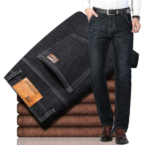 2022 Winter Men Black Slim Fit Stretch Thick Velvet Pants Warm Jeans