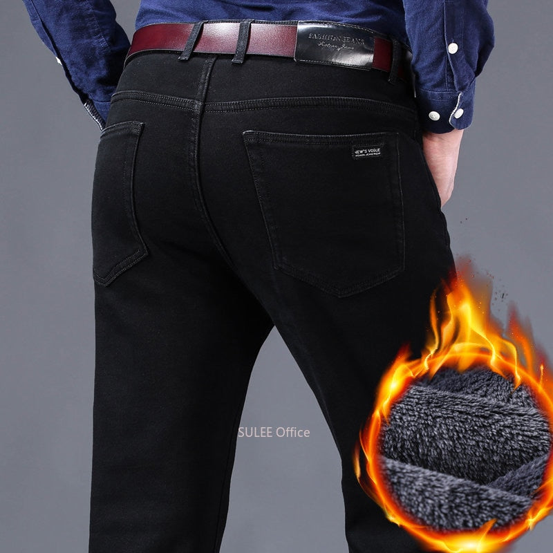 2022 Winter Men Black Slim Fit Stretch Thick Velvet Pants Warm Jeans