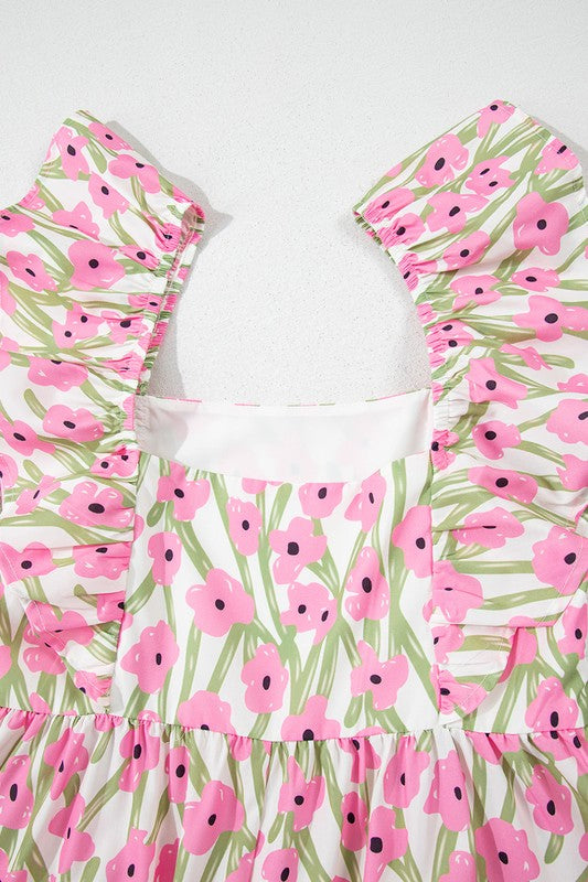 Pink Floral Square Neck Ruffled Strap Maxi Dress