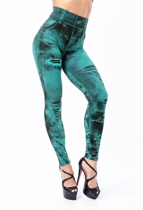 2023 Sexy Astic Imitation Jeans Leggings Women Stretch High Waist