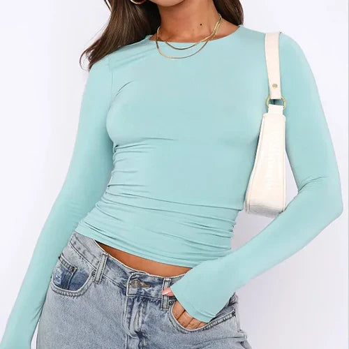 Women Long Sleeve T Shirt Spring Autumn Solid Slim Fit Casual Shirts