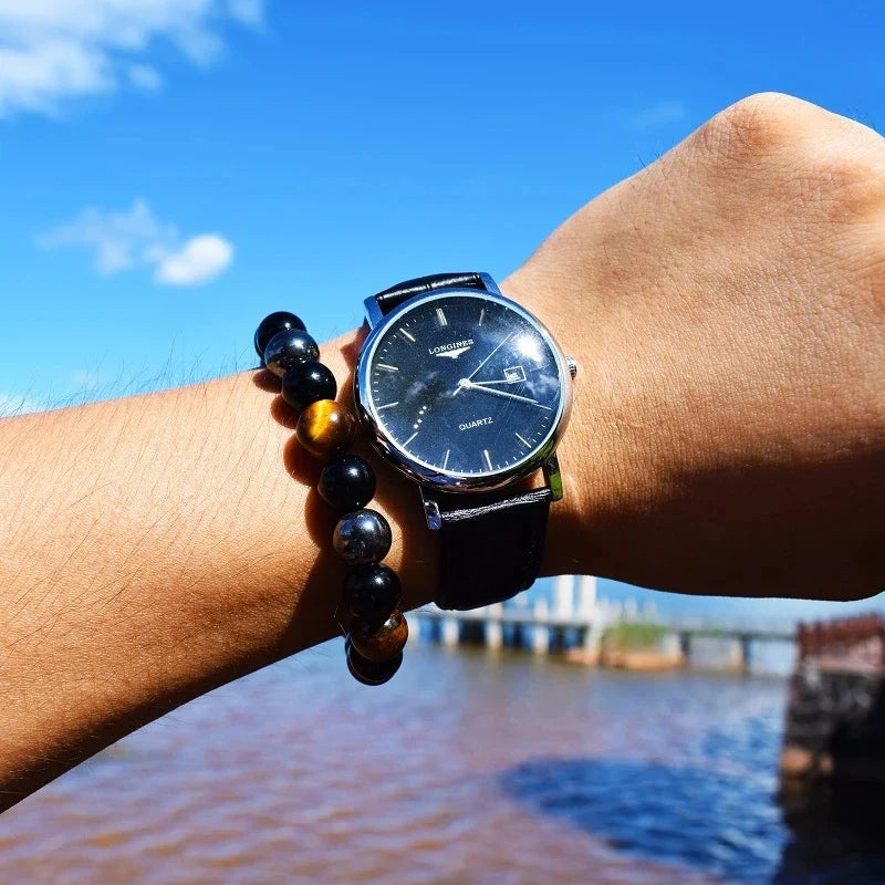1 Natural Black Obsidian Hematite Tiger Eye Bead Bracelet For Men