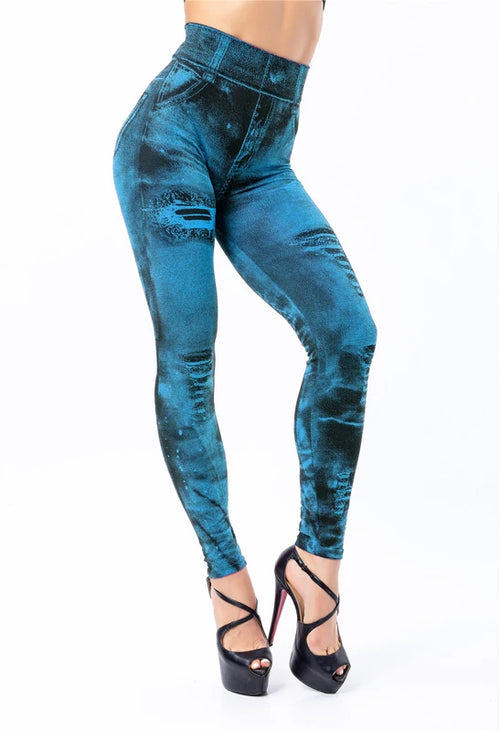 2023 Sexy Astic Imitation Jeans Leggings Women Stretch High Waist
