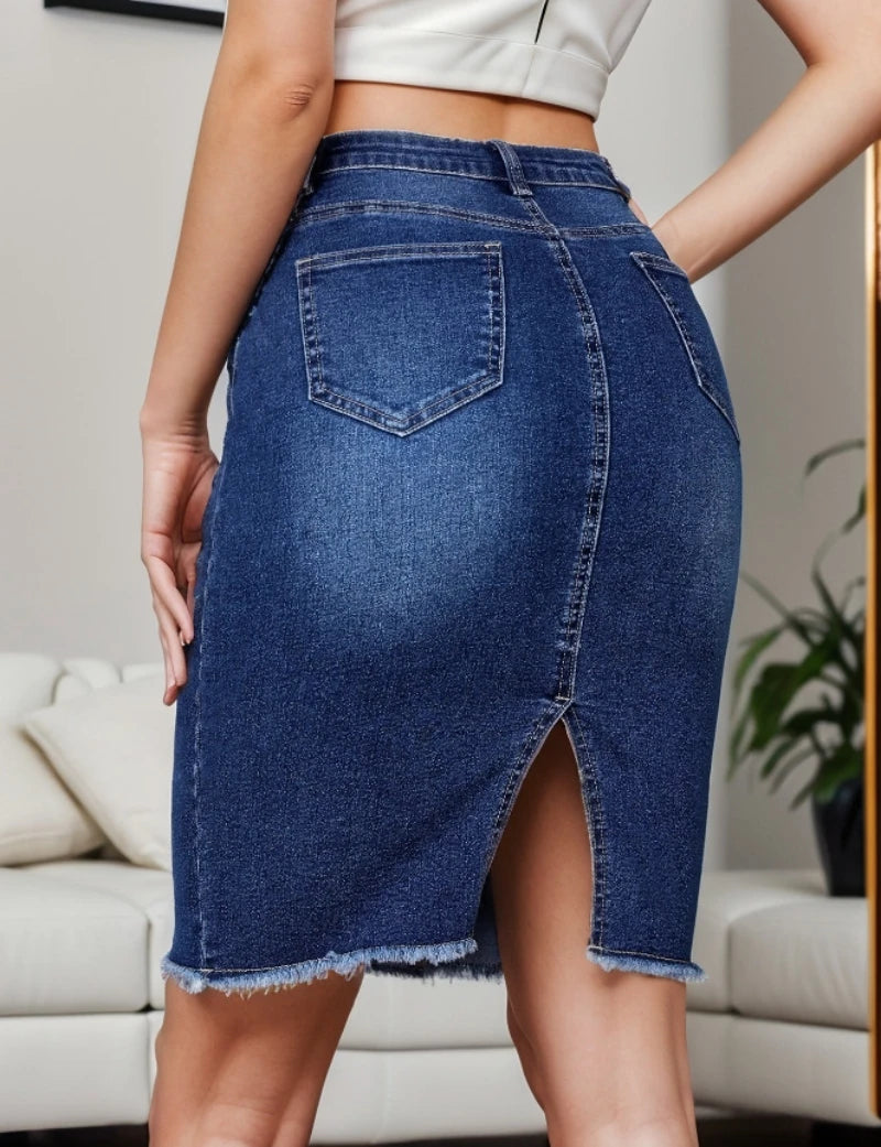 2024 Summer New Women's High Waist Slit Denim Skirt Fashion Sexy Slim