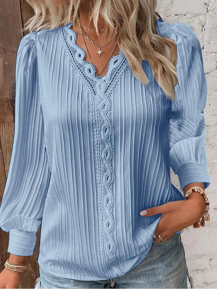 Women's Lace Stitching Shirt Loose Stitching V-neck Long Sleeve