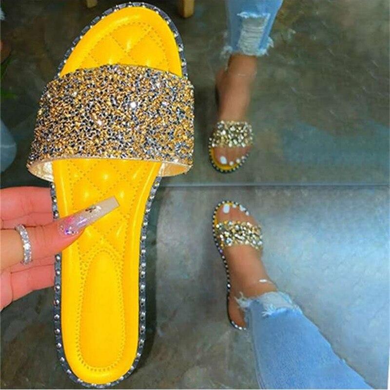 Crystal Women Slippers Bling Bling Flats Female Beach Shoes Summer