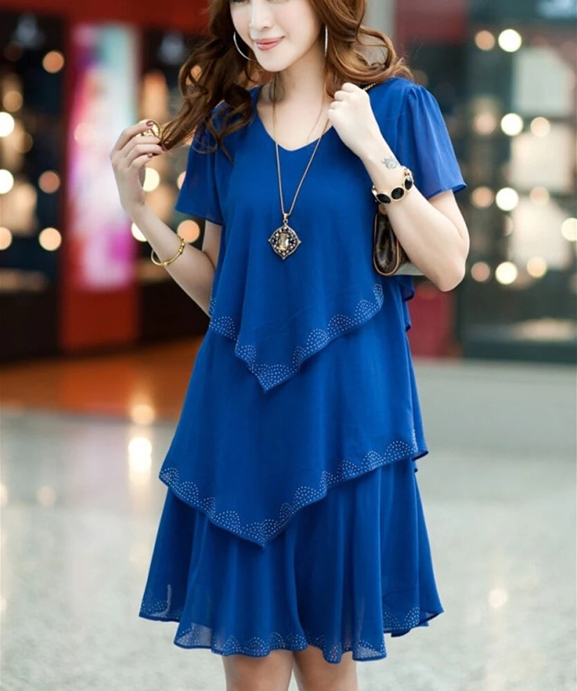 new Summer woman Loose Short sleeve Ruffles Chiffon dress Plus Size