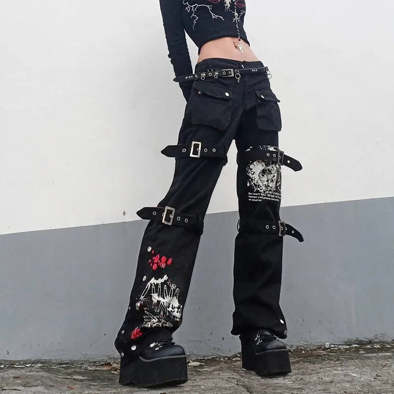 E-girl Gothic Black Cargo Pants Capri Women Low Waist Jeans Long