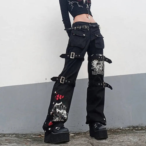 E-girl Gothic Black Cargo Pants Capri Women Low Waist Jeans Long