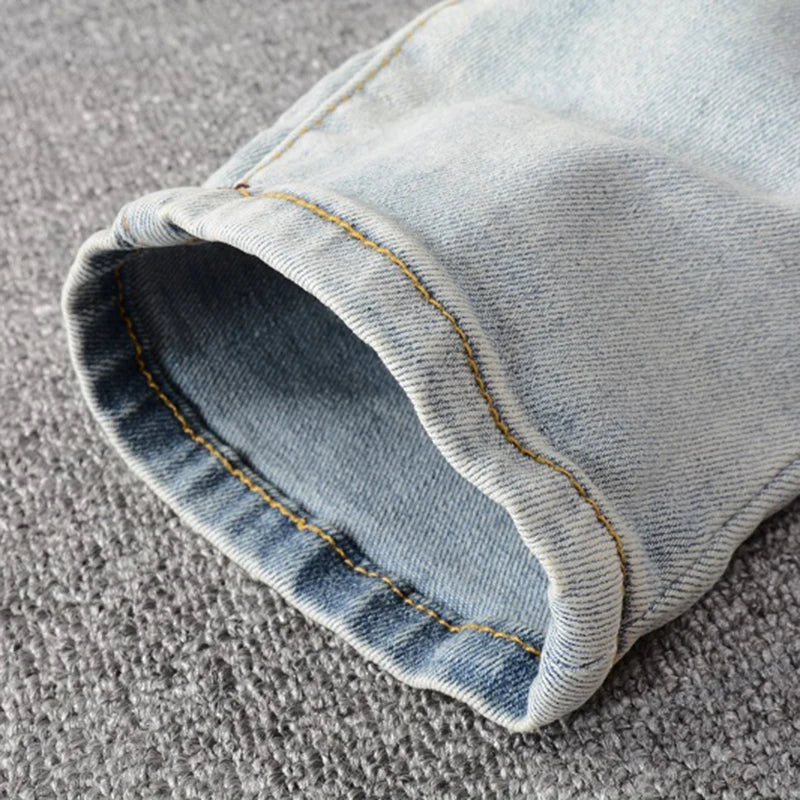 Men Crystal Holes Ripped Patchwork Jeans Streetwear Light Blue Denim