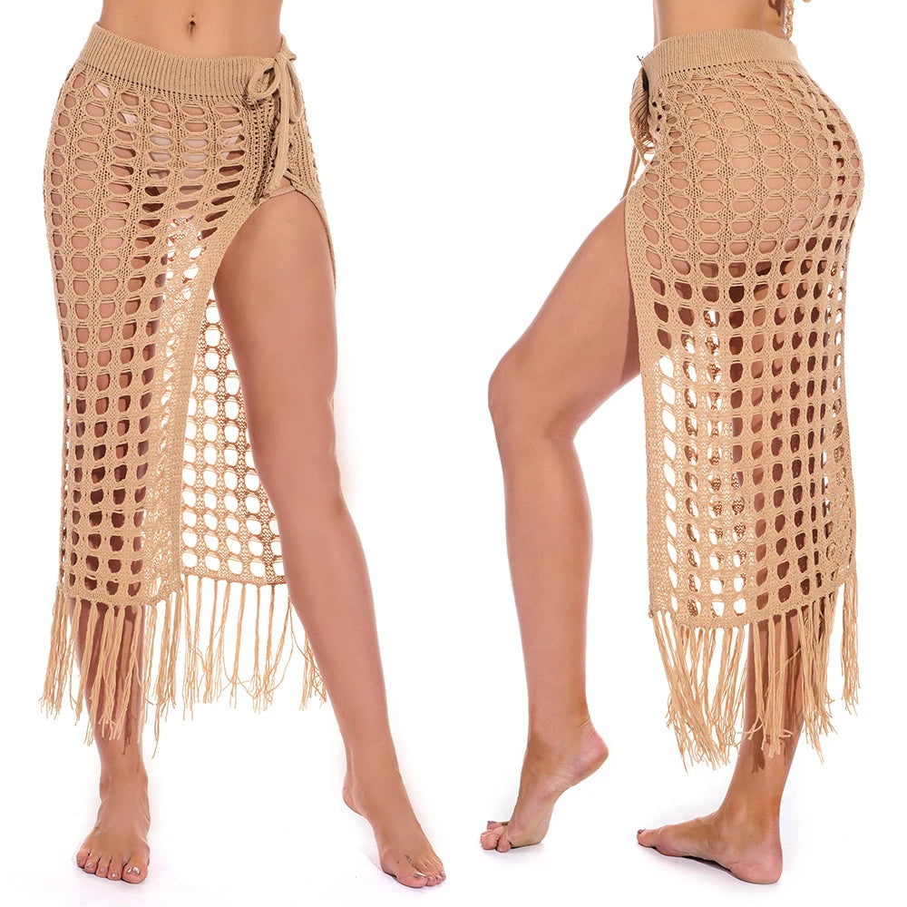 Women’s Sexy Sheer Hollow Out Beach Maxi Knit Skirt Split Tassels