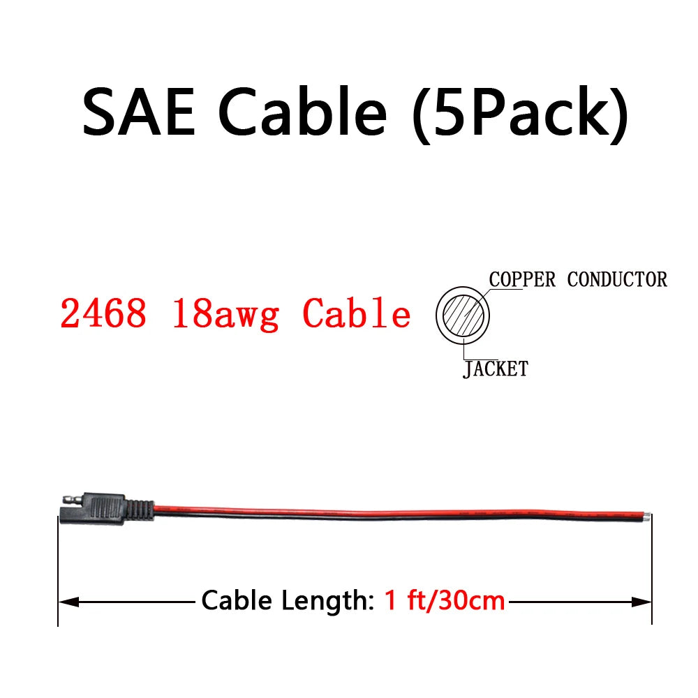 5 PCS SAE Power Automotive Extension Cable 18AWG 30CM 2 Pin with SAE