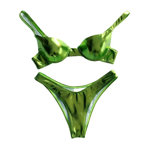 Women Sexy Bikini Reflective Shiny Metallic Swimsuit Push Up Underwire