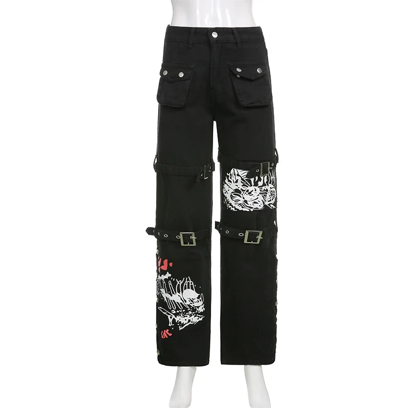 E-girl Gothic Black Cargo Pants Capri Women Low Waist Jeans Long