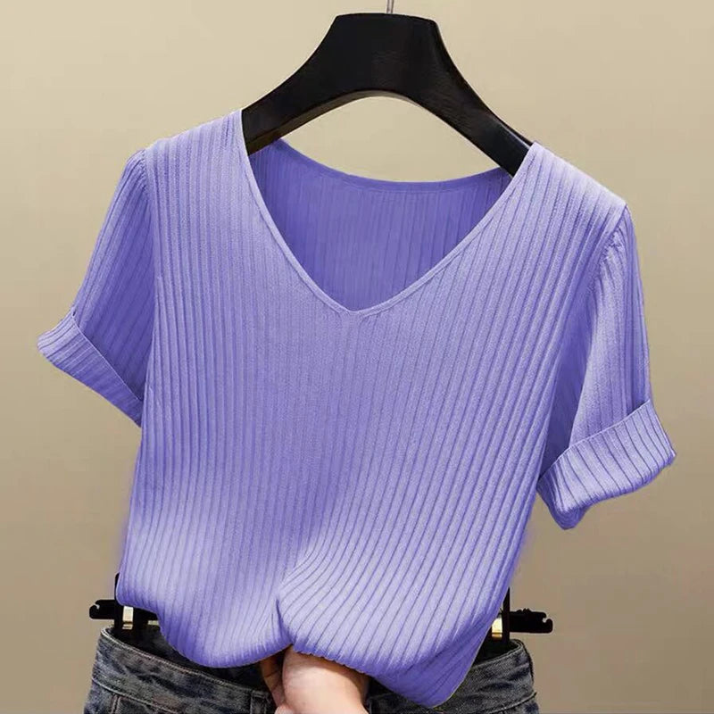 Knitted short sleeve Women V-Neck T Shirts 2024 Blue Slim Black thin