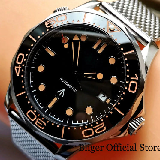BLIGER 41mm Mechanical Men Watch Sapphire Glass Date 24 Jewel NH35PT5000 MIYOTA 8215 Stainless Steel Mesh Band Rotating Bezel