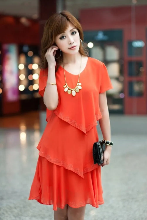 new Summer woman Loose Short sleeve Ruffles Chiffon dress Plus Size
