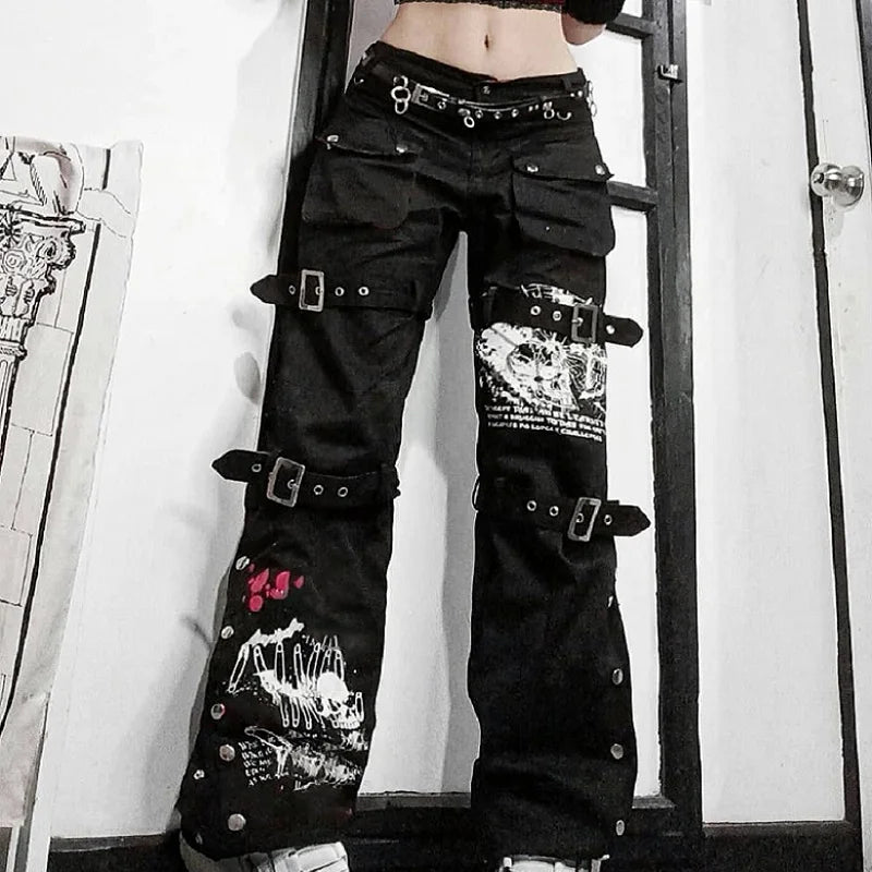 E-girl Gothic Black Cargo Pants Capri Women Low Waist Jeans Long