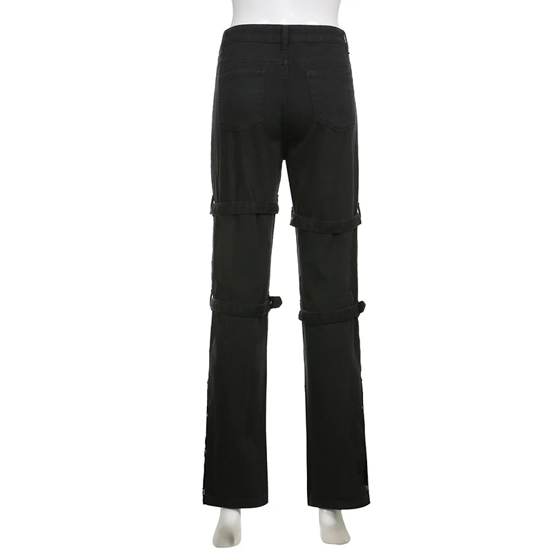 E-girl Gothic Black Cargo Pants Capri Women Low Waist Jeans Long