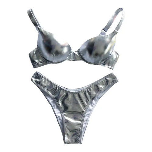 Women Sexy Bikini Reflective Shiny Metallic Swimsuit Push Up Underwire