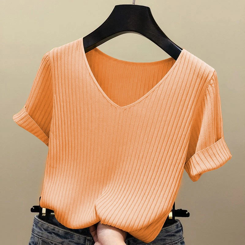 Knitted short sleeve Women V-Neck T Shirts 2024 Blue Slim Black thin