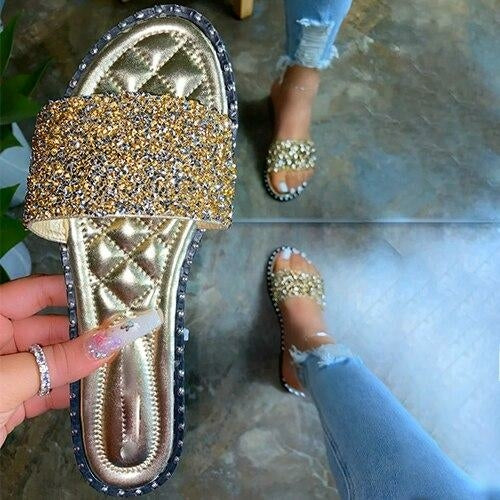 Crystal Women Slippers Bling Bling Flats Female Beach Shoes Summer