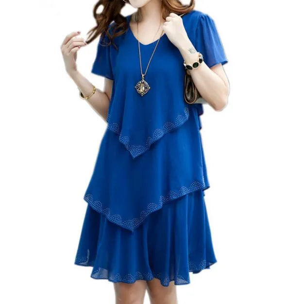 new Summer woman Loose Short sleeve Ruffles Chiffon dress Plus Size