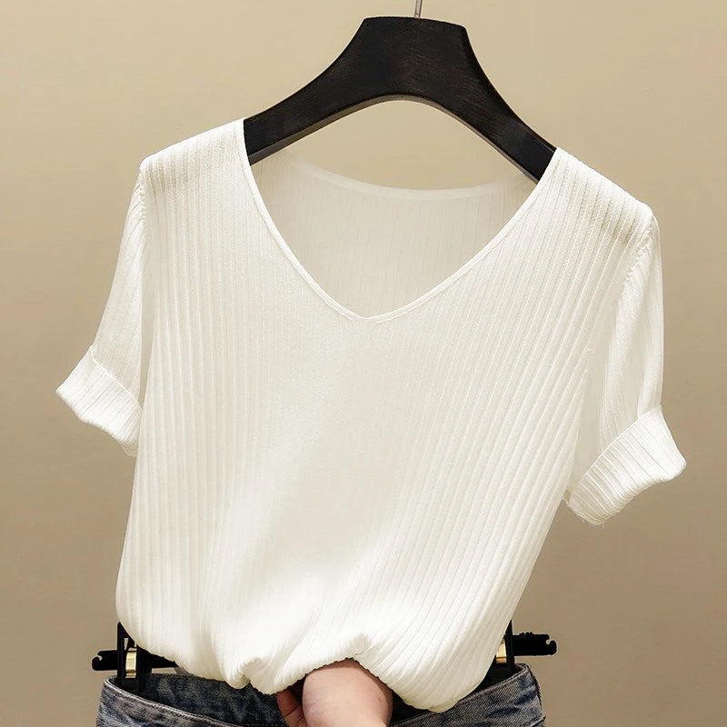 Knitted short sleeve Women V-Neck T Shirts 2024 Blue Slim Black thin