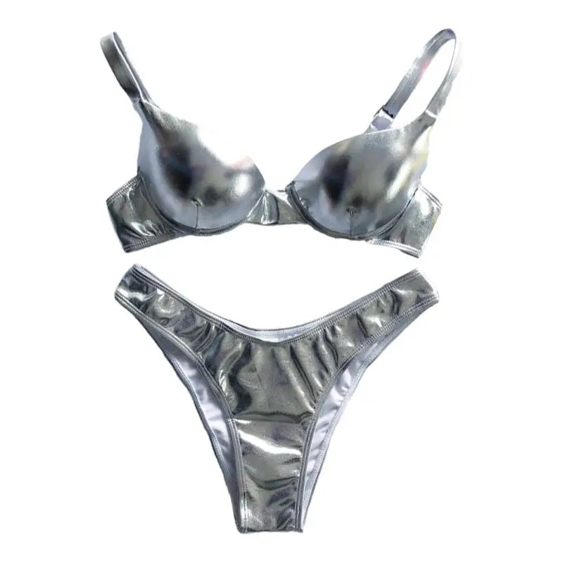 Women Sexy Bikini Reflective Shiny Metallic Swimsuit Push Up Underwire