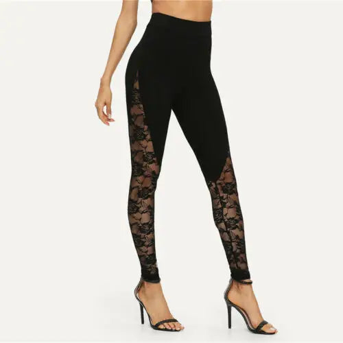Sexy High-Waist Black Lace Tight Pencil Pants Women Ladies Patchwork