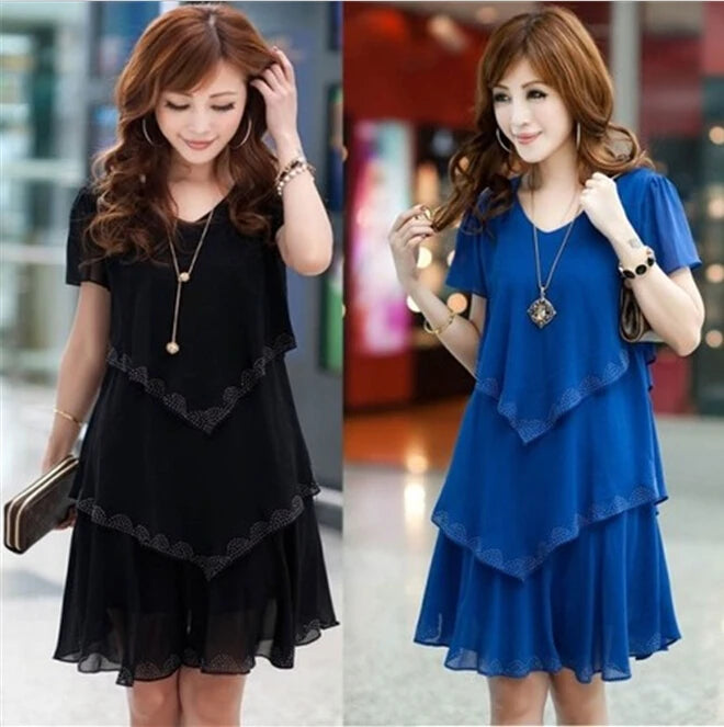 new Summer woman Loose Short sleeve Ruffles Chiffon dress Plus Size