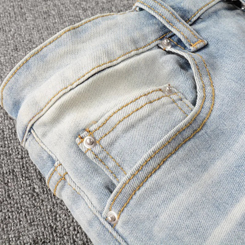 Men Crystal Holes Ripped Patchwork Jeans Streetwear Light Blue Denim