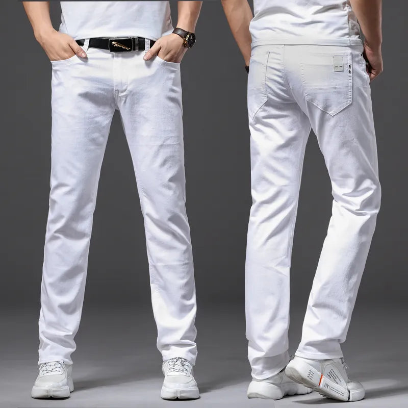 Men White Jeans Fashion Casual Classic Style Slim Fit Soft Trousers