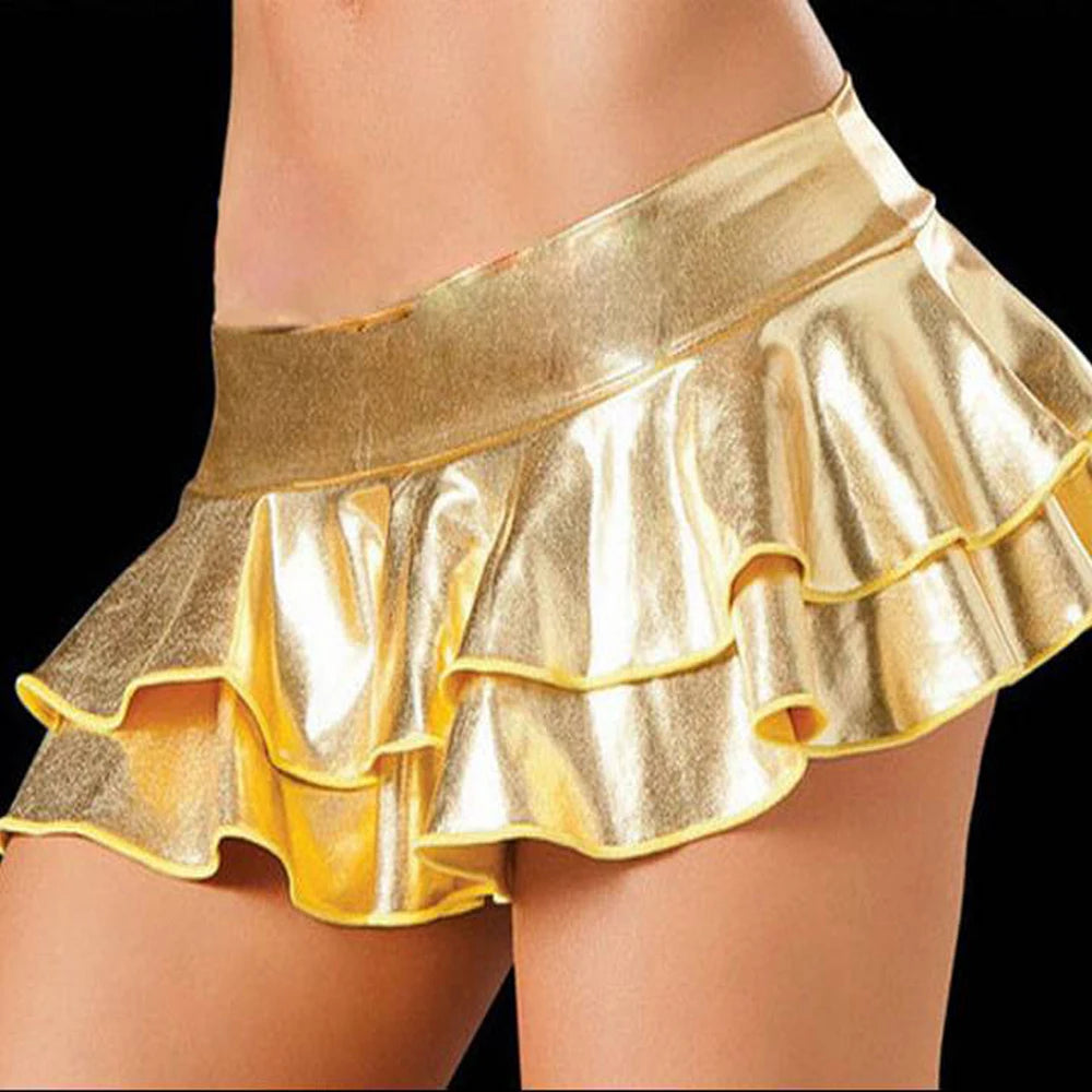 Glitter PU Leather Low Waist Falbala Tiered Single Layered Skirt Hot