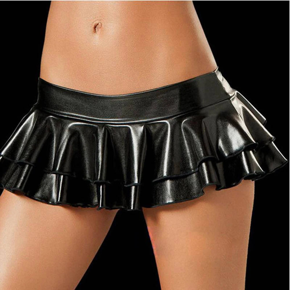 Glitter PU Leather Low Waist Falbala Tiered Single Layered Skirt Hot