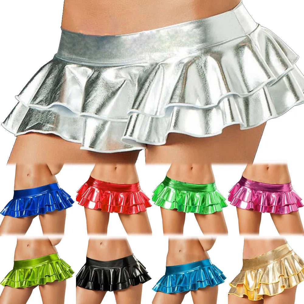 Glitter PU Leather Low Waist Falbala Tiered Single Layered Skirt Hot