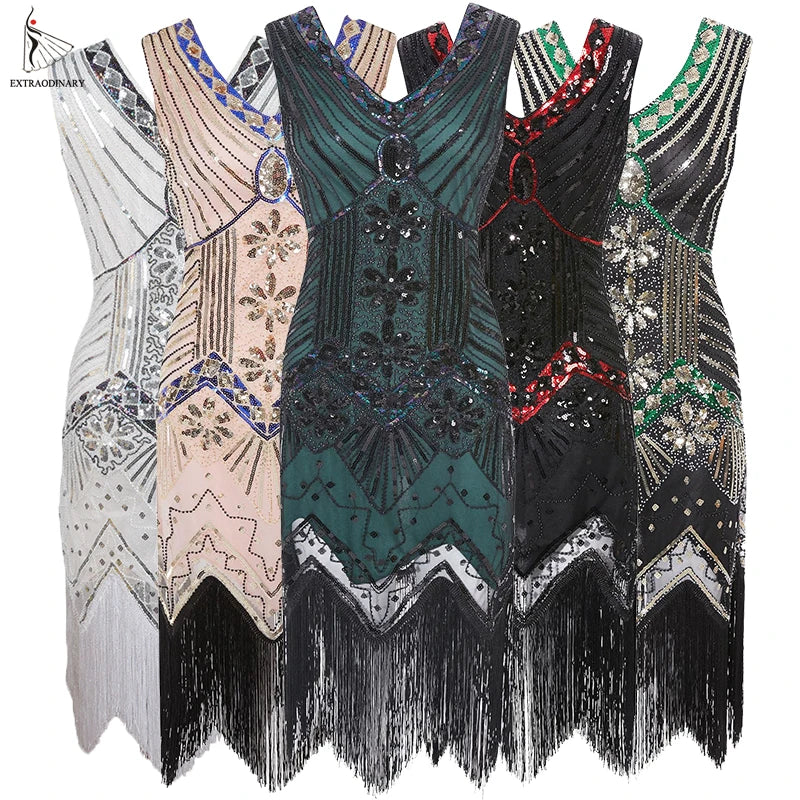 Women 1920 s Vintage Great Gatsby Dress Sequins Dress V-Neck Tassels