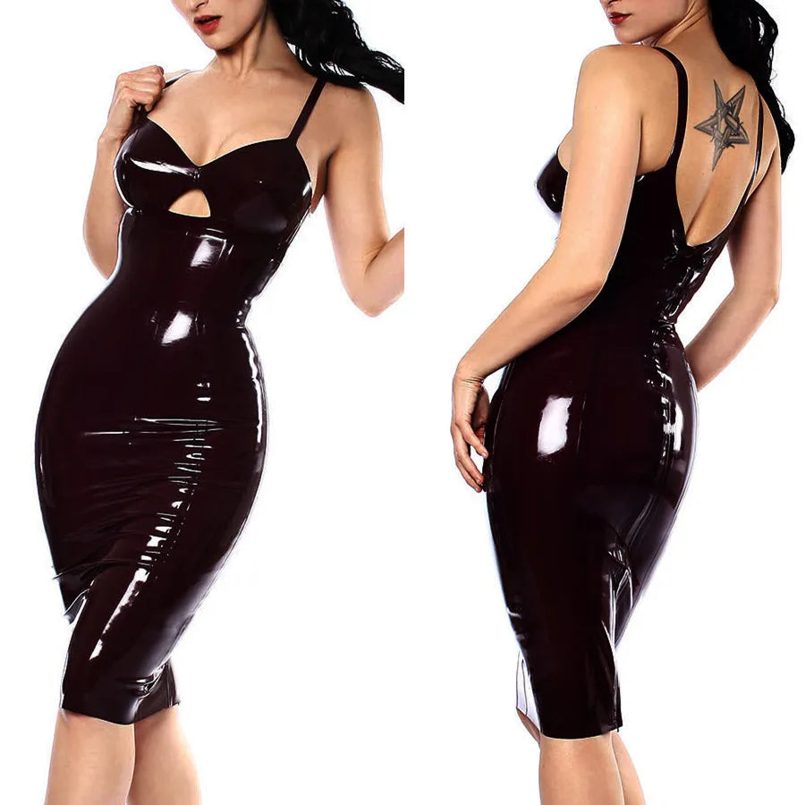 S-XXL Shiny Pvc Latex Dress Women Sexy Spaghetti Strap Hollow Out PU