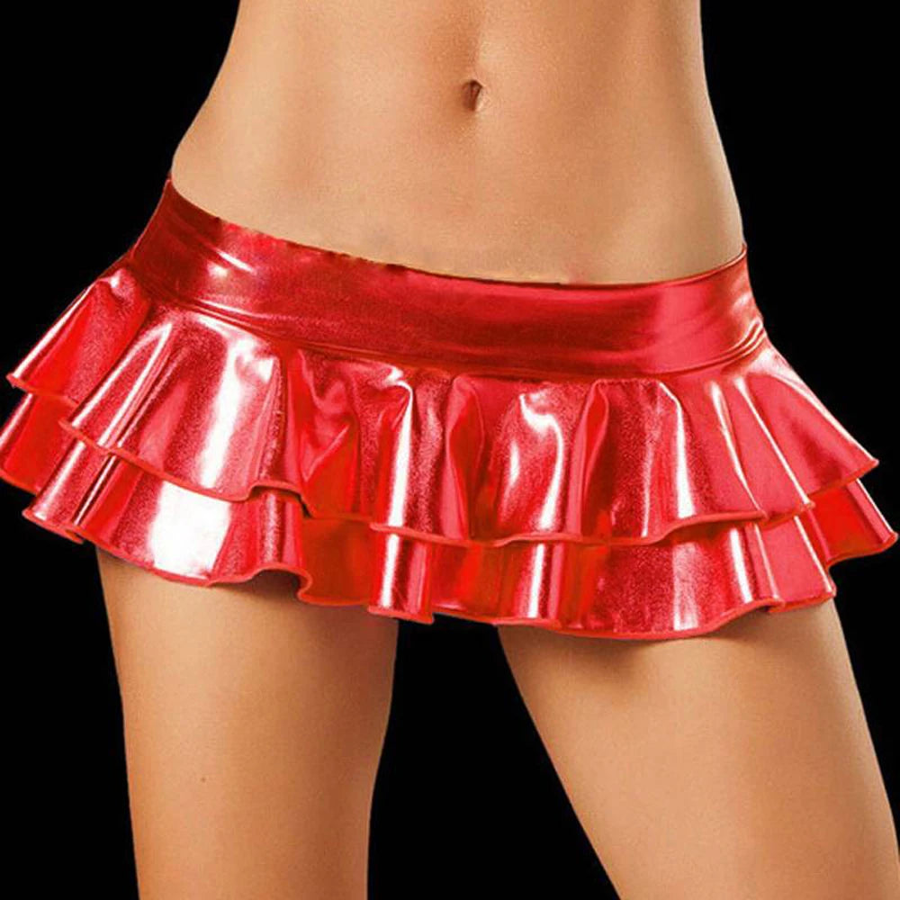 Glitter PU Leather Low Waist Falbala Tiered Single Layered Skirt Hot