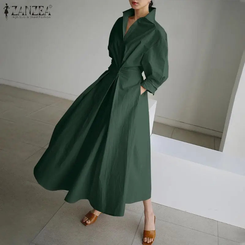 Women Autumn Sundress ZANZEA 2023 Elegant Shirt Dress Solid Long
