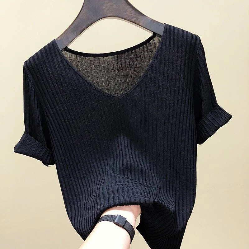 Knitted short sleeve Women V-Neck T Shirts 2024 Blue Slim Black thin