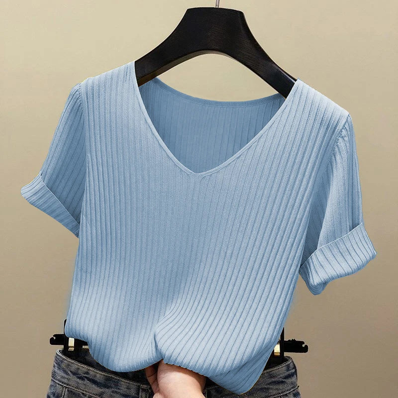 Knitted short sleeve Women V-Neck T Shirts 2024 Blue Slim Black thin