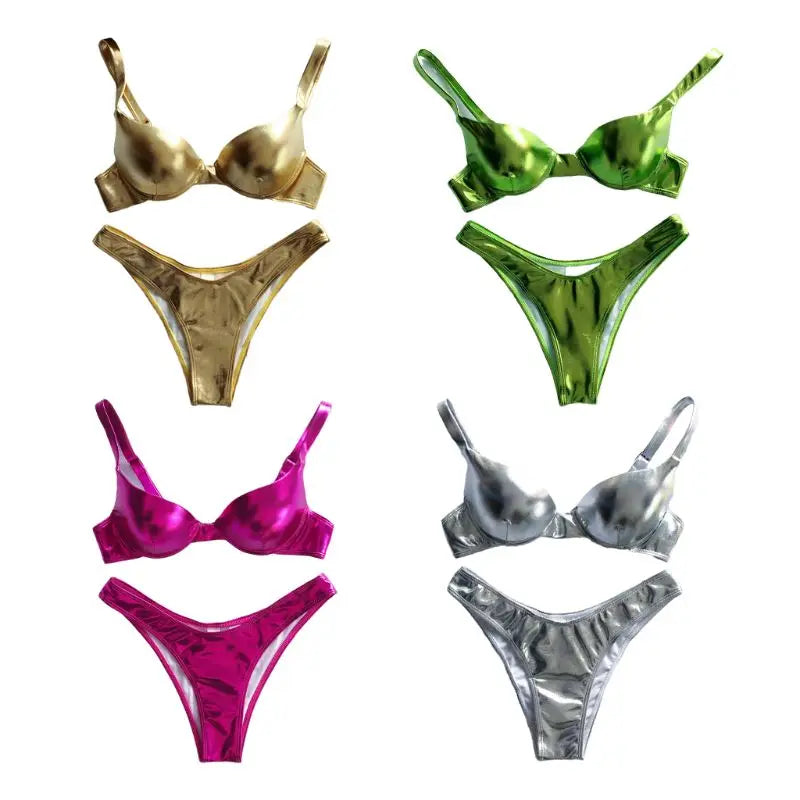 Women Sexy Bikini Reflective Shiny Metallic Swimsuit Push Up Underwire