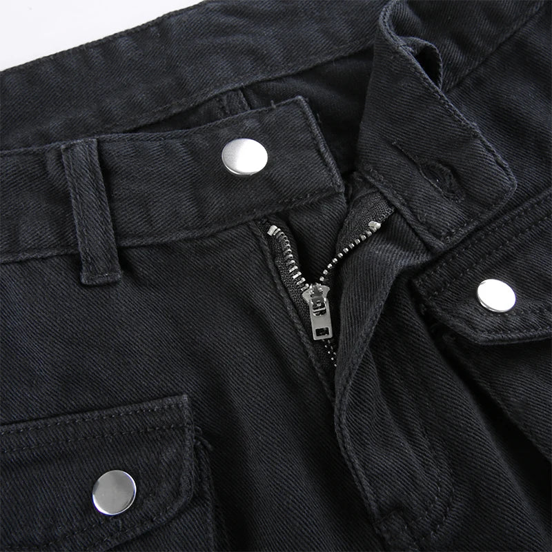 E-girl Gothic Black Cargo Pants Capri Women Low Waist Jeans Long